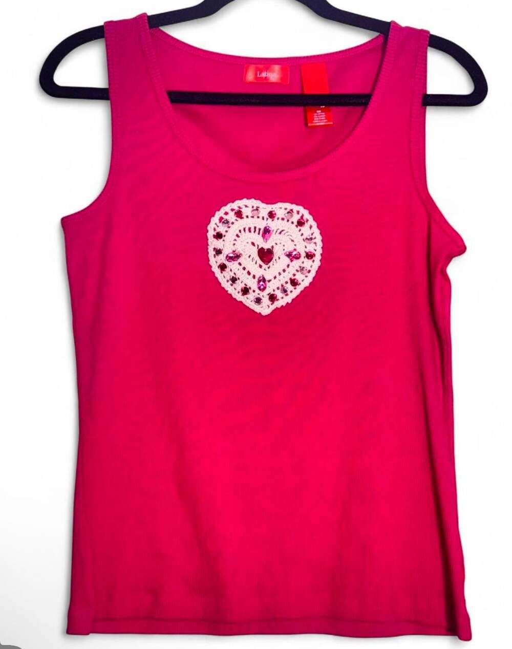 Latina Life Pink Ribbed Tank Top with Crochet Rhinestone Heart Size Medium